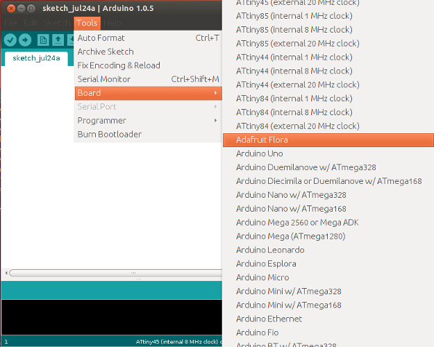 Screenshot of Arduino IDE after Flora installed